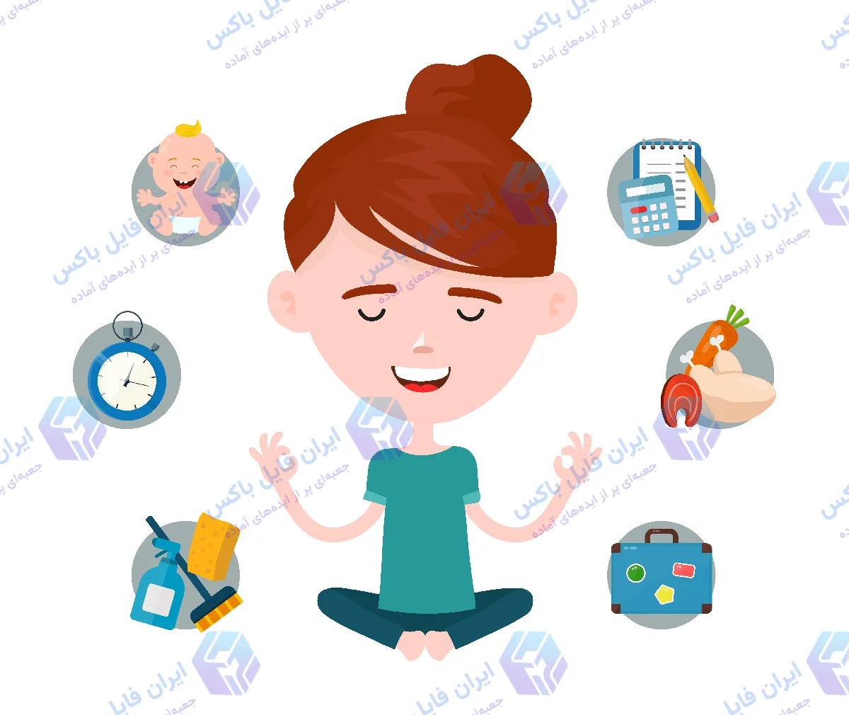 وکتور تصویرسازی زن در حال یوگا و مدیتیشن میان دغدغه‌های خانه‌داری