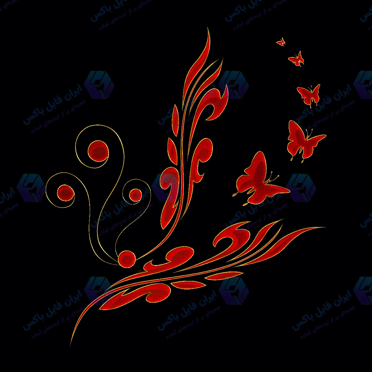 طرح لایه باز شاخه انتزاعی قرمز آتشین و پروانه با کیفیت ۵۰۰۰ در ۵۰۰۰ پیکسل