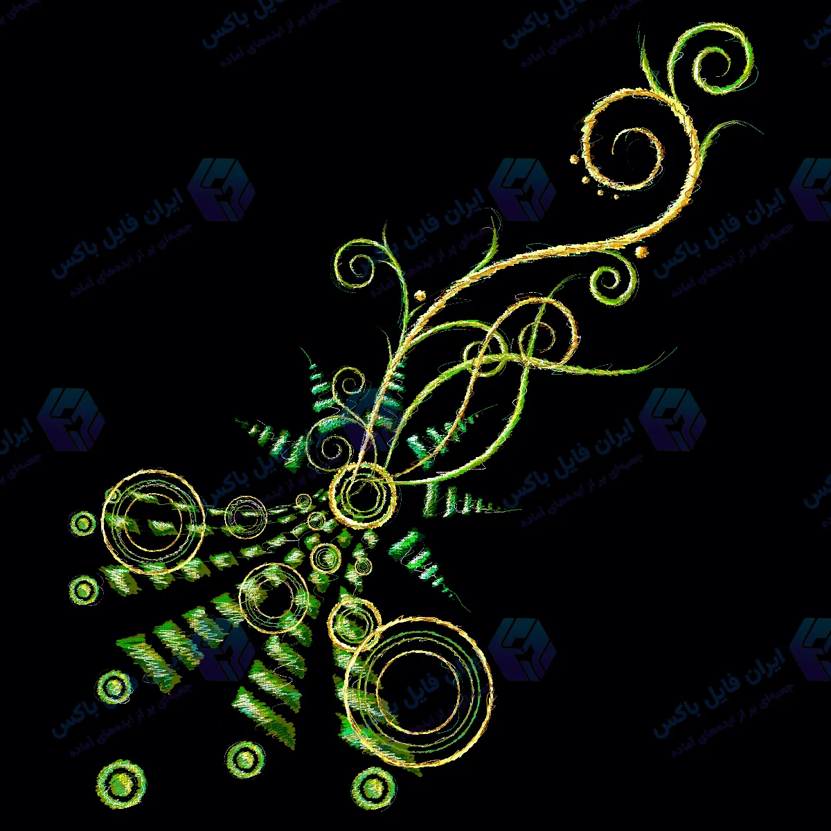 طرح لایه باز پس زمینه انتزاعی مارپیچ دایره ای سبز و طلایی ۵۰۰۰ در ۵۰۰۰