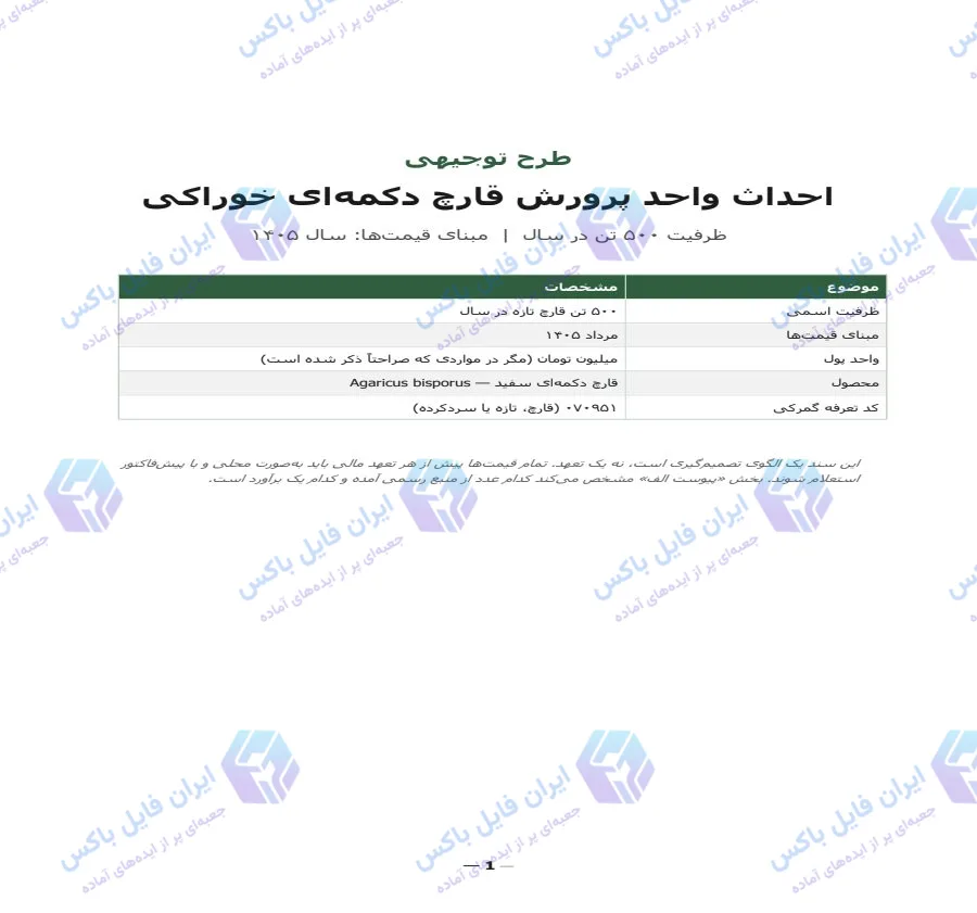 طرح توجیهی پرورش قارچ دکمه‌ای ۵۰۰ تن با قیمت‌های ۱۴۰۵
